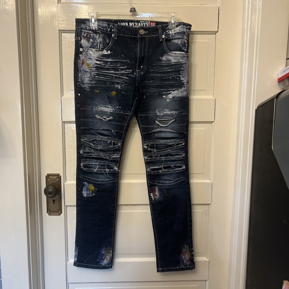 Lion Dynasty Jeans Slim Fit Distressed  Paint Splatter Men's Size 34 (34x32)